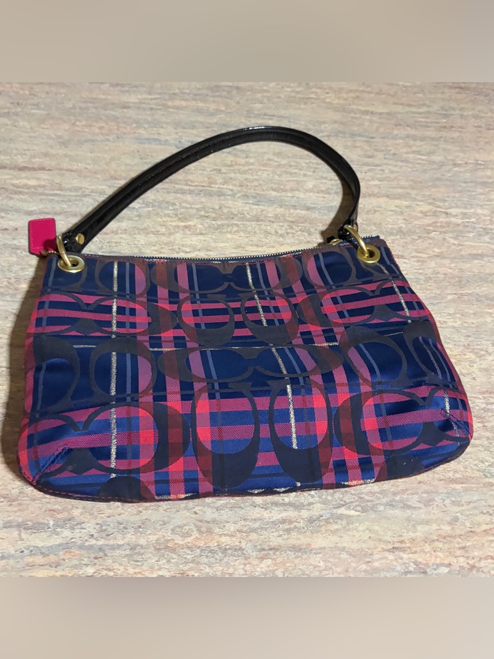 Coach Plaid Tartan G1282-21622 Blue & Pink Plaid Bag with 2 Fobs & Black Trim - Picture 2 of 16